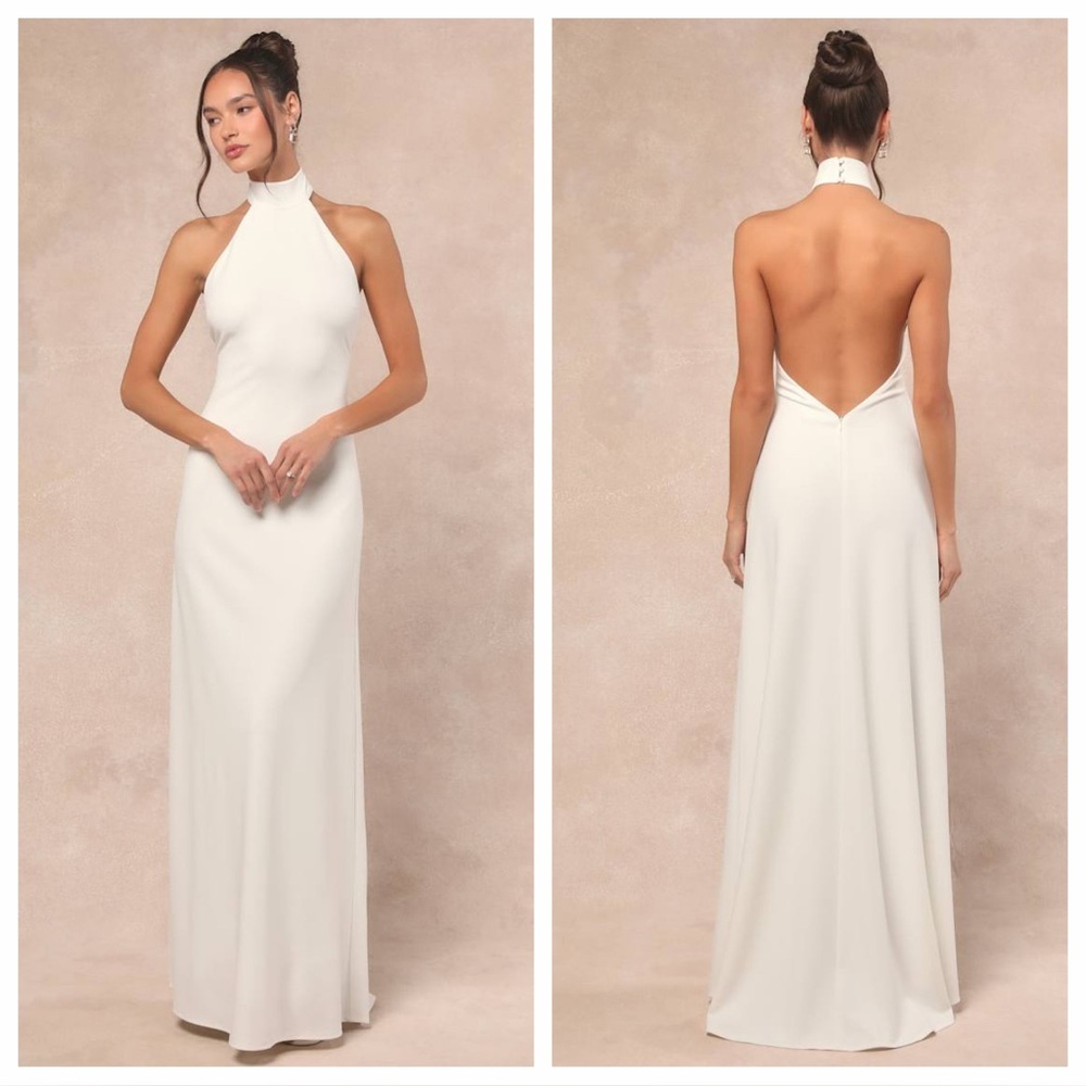 Lulus Alaura White Backless Halter Maxi Dress
